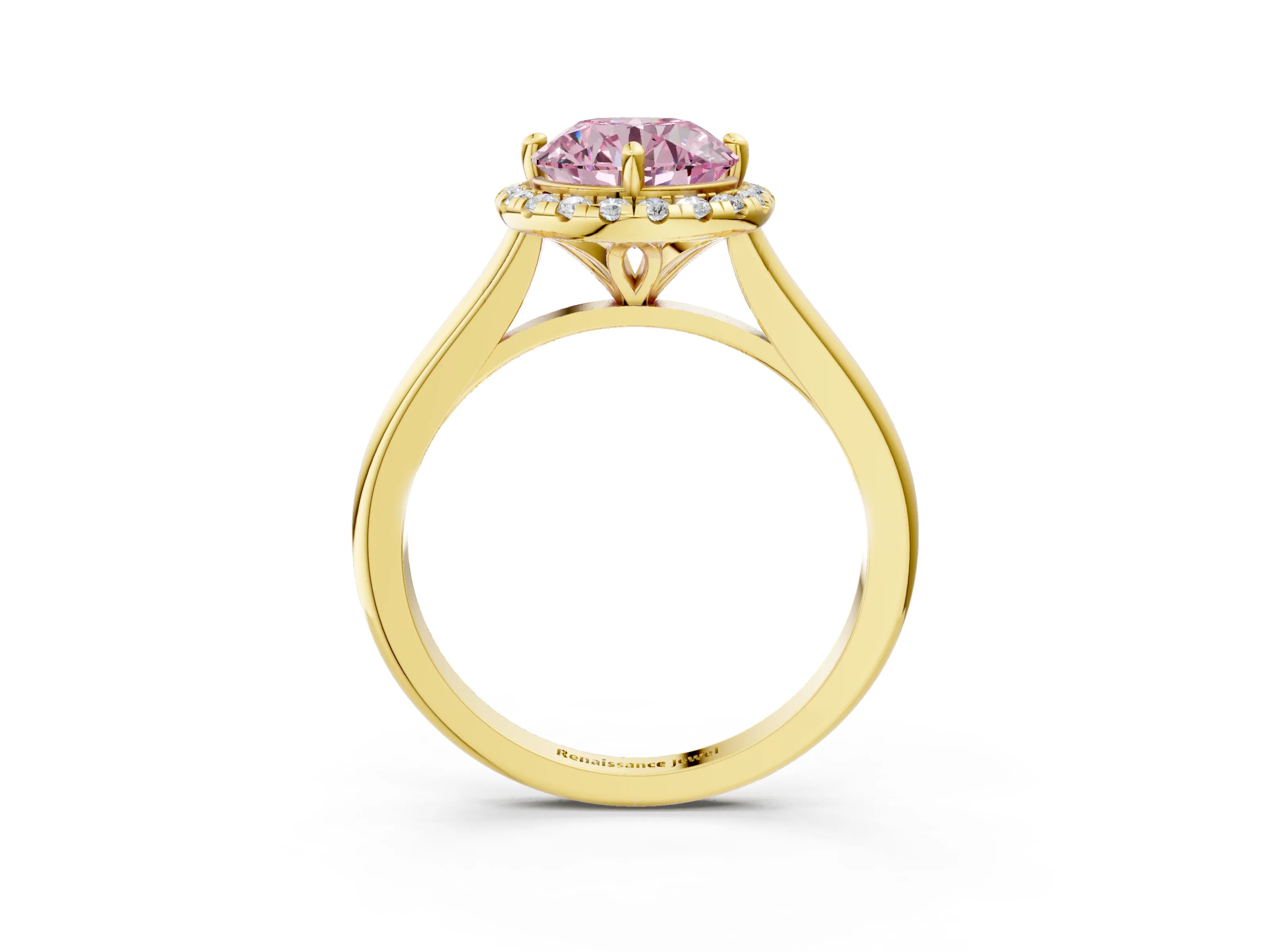 Yellow gold Fancy Pink Round Cut Halo Round Diamond Solitaire Engagement Ring with Pave Band and Four-Prong Setting_15