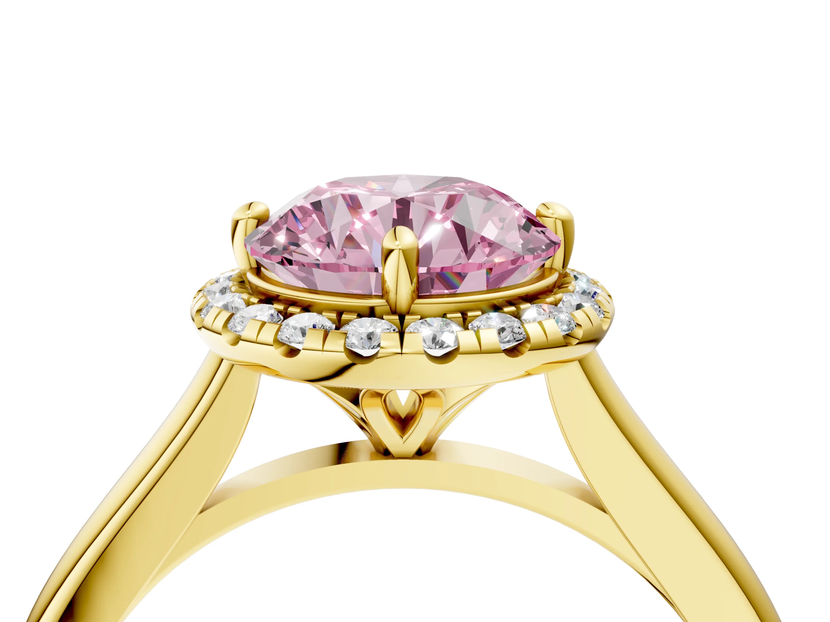 Yellow gold Fancy Pink Round Cut Halo Round Diamond Solitaire Engagement Ring with Pave Band and Four-Prong Setting_16