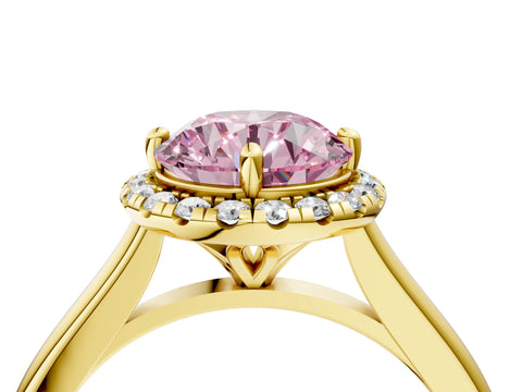 Yellow gold Fancy Pink Round Cut Halo Round Diamond Solitaire Engagement Ring with Pave Band and Four-Prong Setting_16