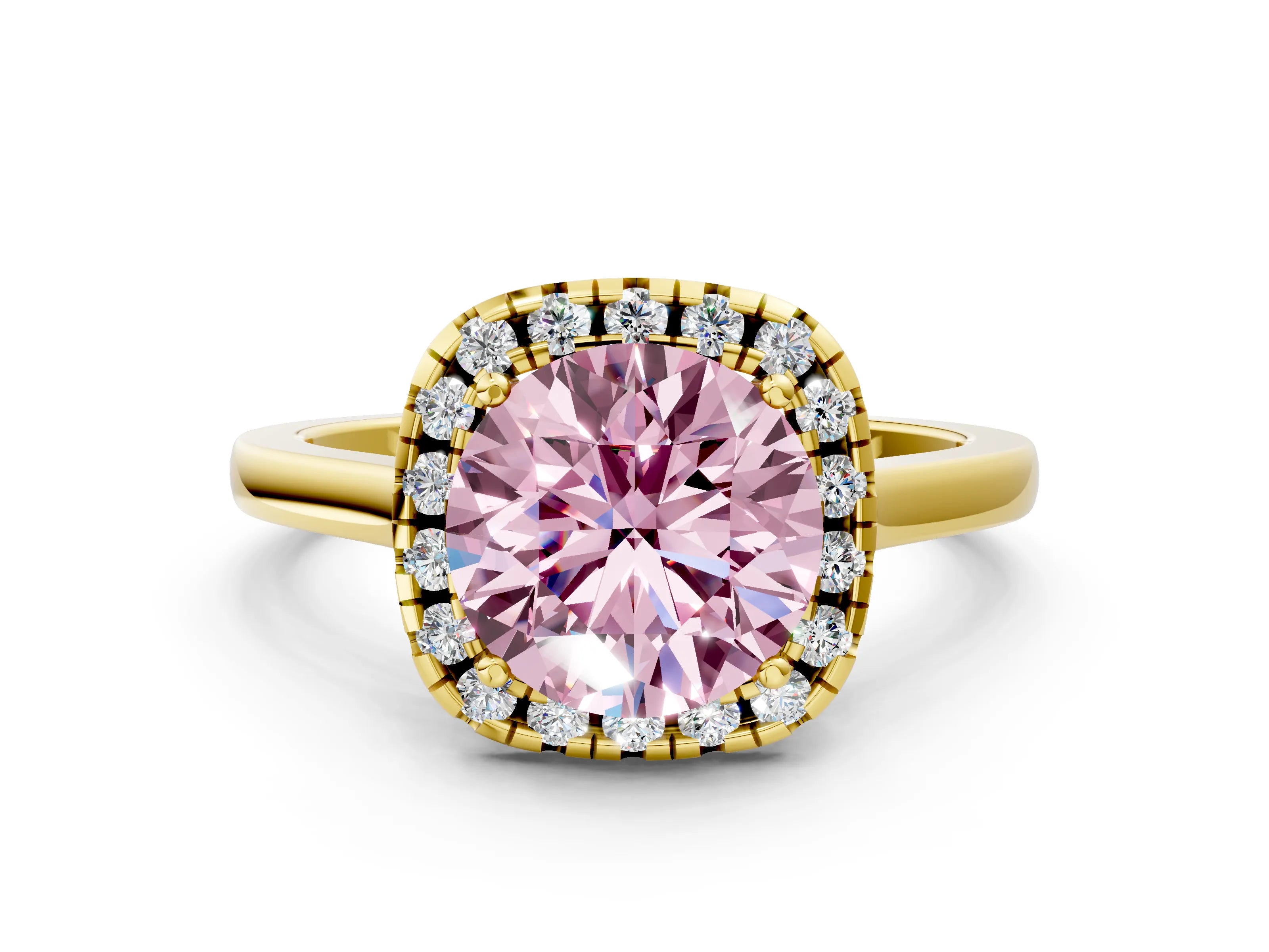 Yellow gold Fancy Pink Round Cut Halo Round Diamond Solitaire Ring with Pavé Band and Four-Prong Setting