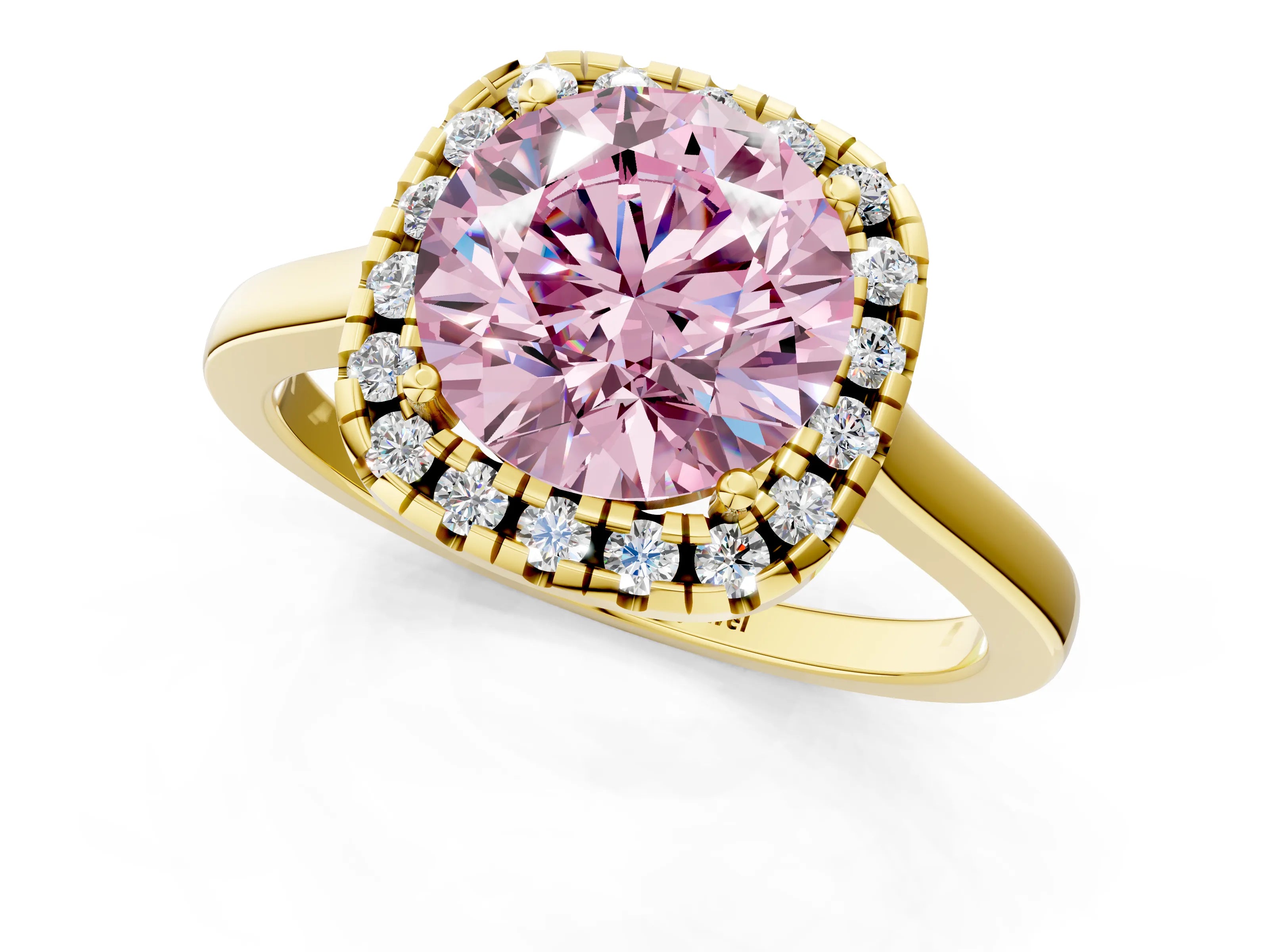 Yellow gold Fancy Pink Round Cut Halo Round Diamond Solitaire Ring with Pavé Band and Four-Prong Setting_1