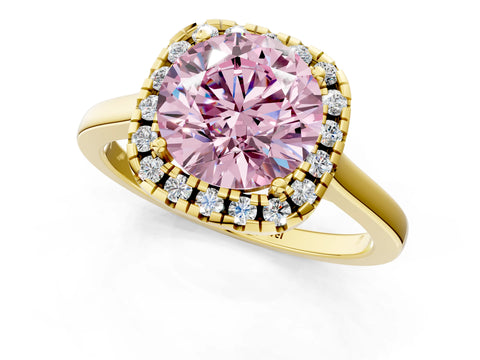 Yellow gold Fancy Pink Round Cut Halo Round Diamond Solitaire Ring with Pavé Band and Four-Prong Setting_1