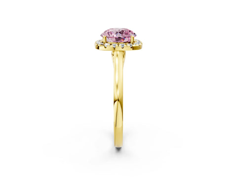 Yellow gold Fancy Pink Round Cut Halo Round Diamond Solitaire Ring with Pavé Band and Four-Prong Setting_2