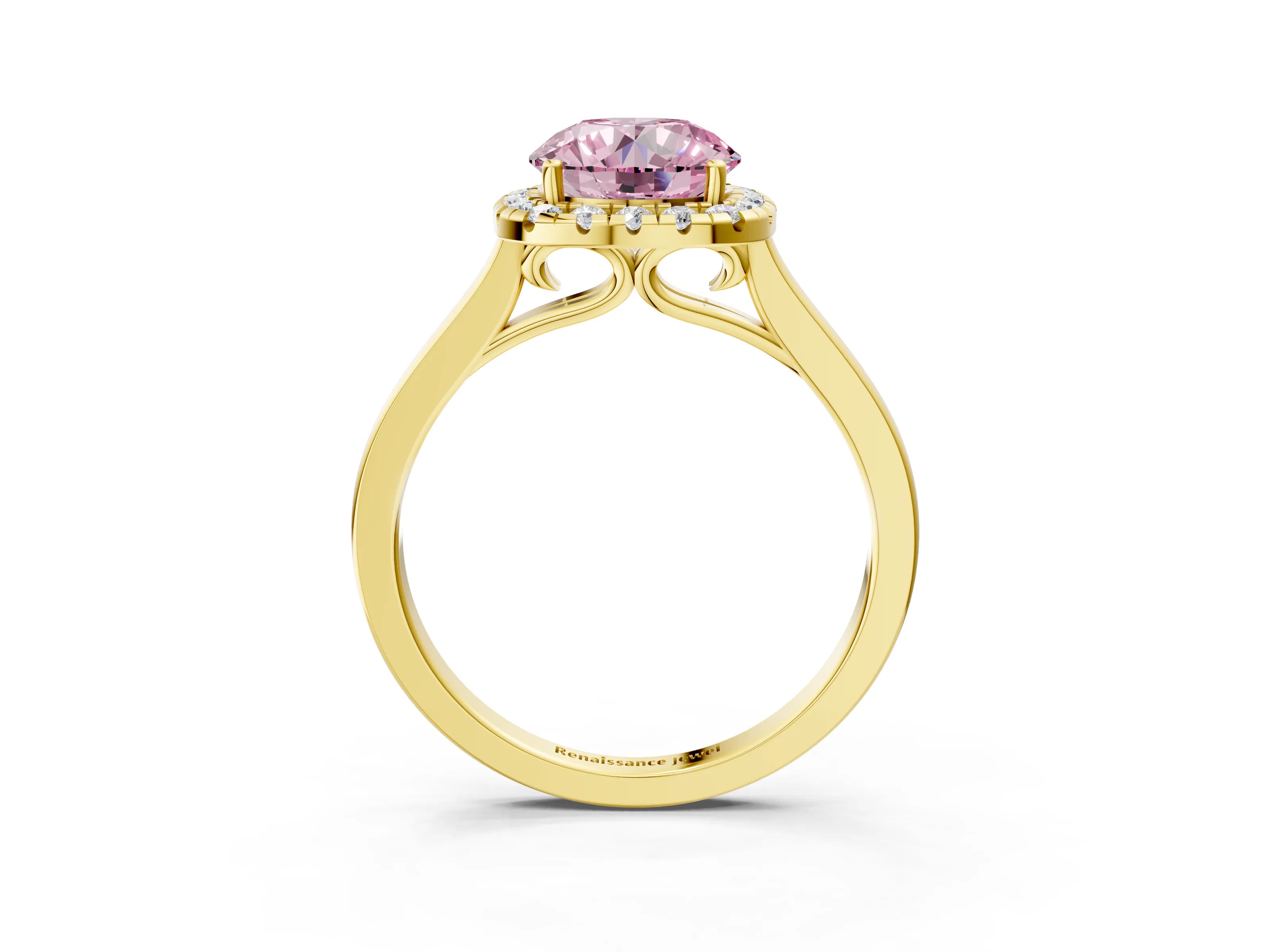 Yellow gold Fancy Pink Round Cut Halo Round Diamond Solitaire Ring with Pavé Band and Four-Prong Setting_3