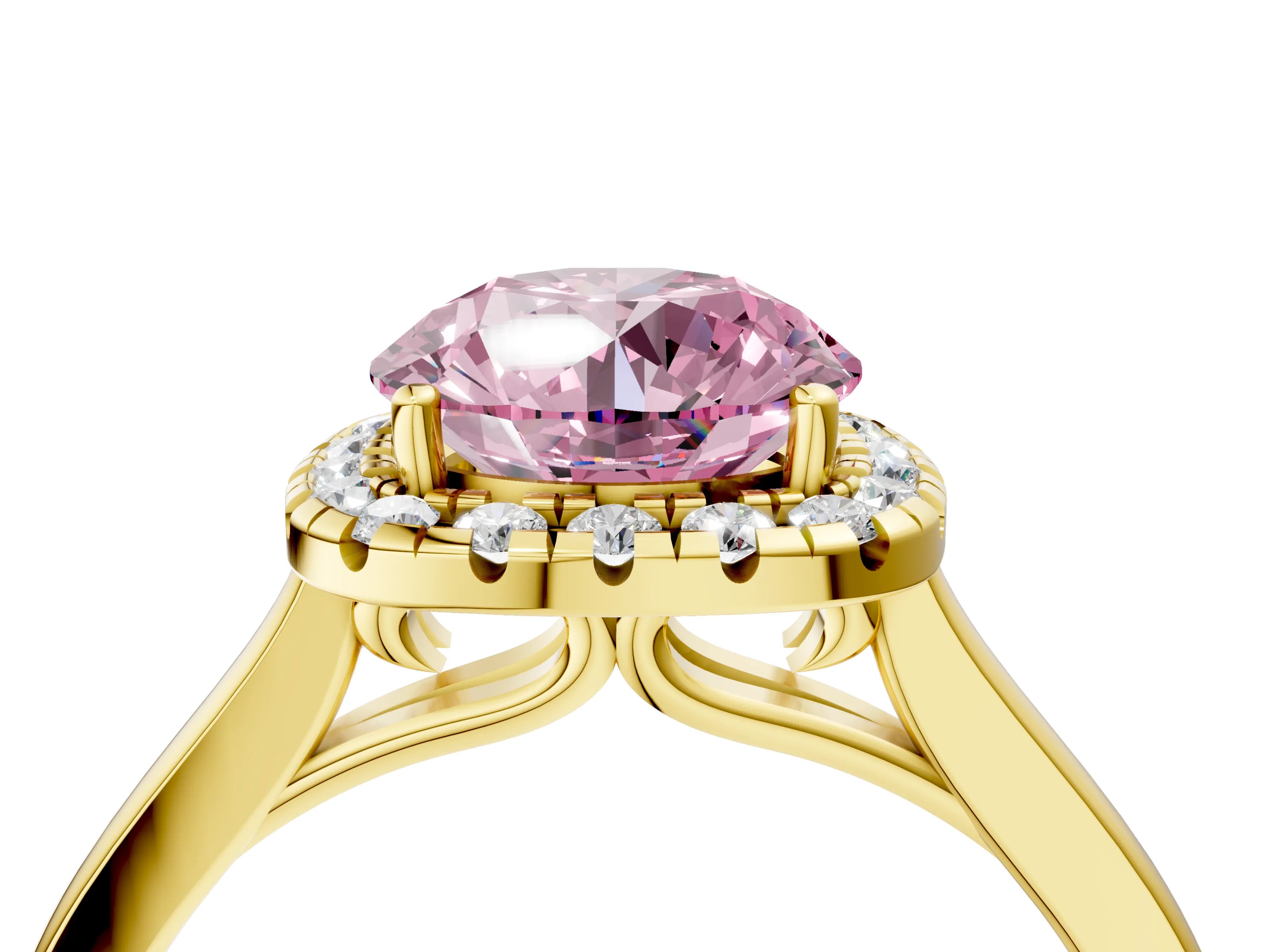Yellow gold Fancy Pink Round Cut Halo Round Diamond Solitaire Ring with Pavé Band and Four-Prong Setting_4