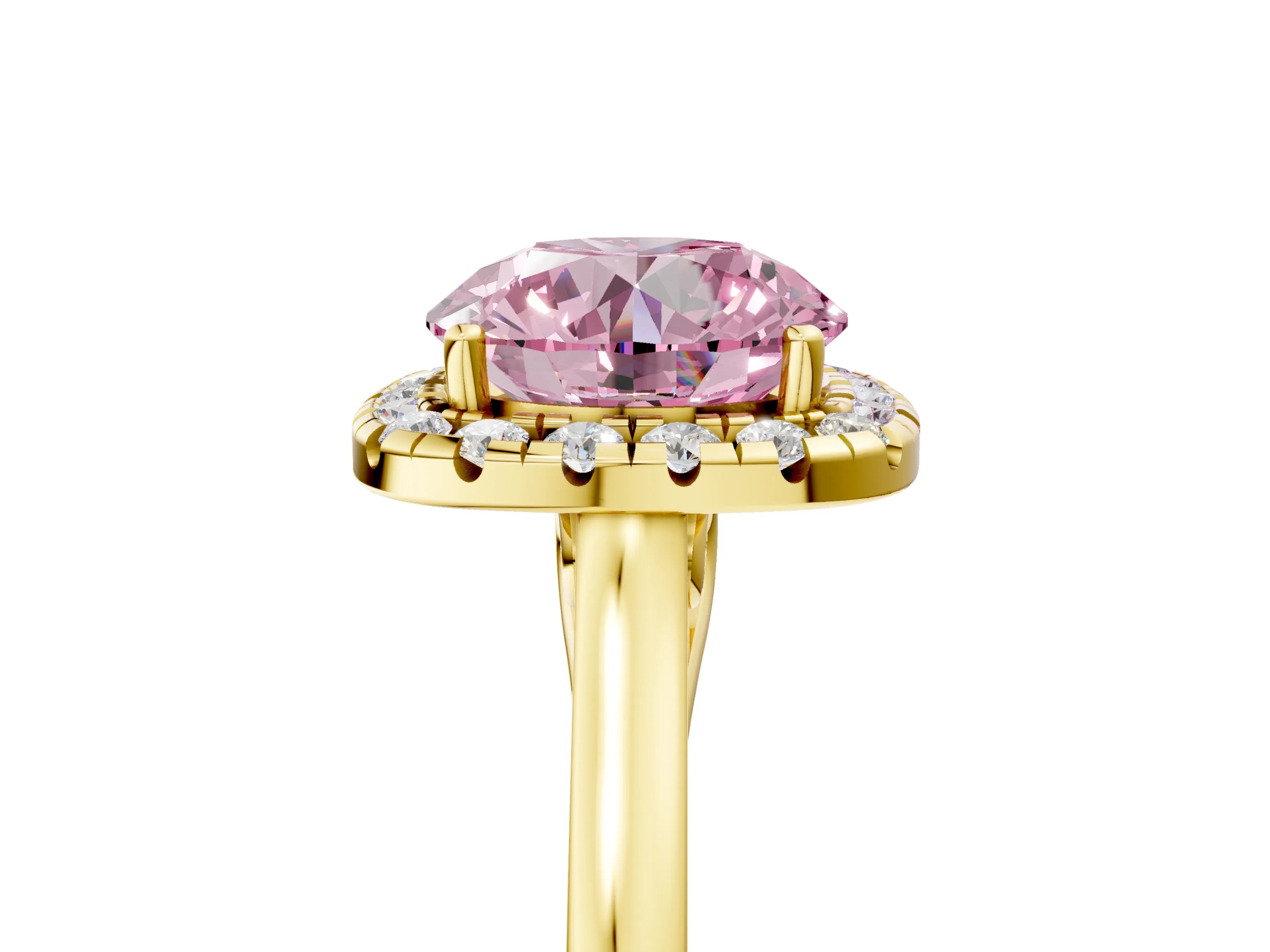 Yellow gold Fancy Pink Round Cut Halo Round Diamond Solitaire Ring with Pavé Band and Four-Prong Setting_5