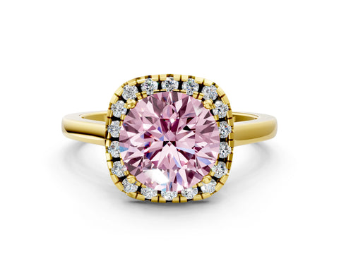 Yellow gold Fancy Pink Round Cut Halo Round Diamond Solitaire Ring with Pavé Band and Four-Prong Setting