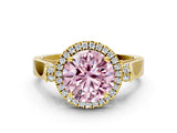 Yellow gold Fancy Pink Round Cut Halo Round Diamond Twist Band with Four-Prong Setting