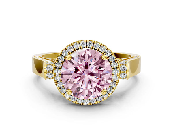 Yellow gold Fancy Pink Round Cut Halo Round Diamond Twist Band with Four-Prong Setting