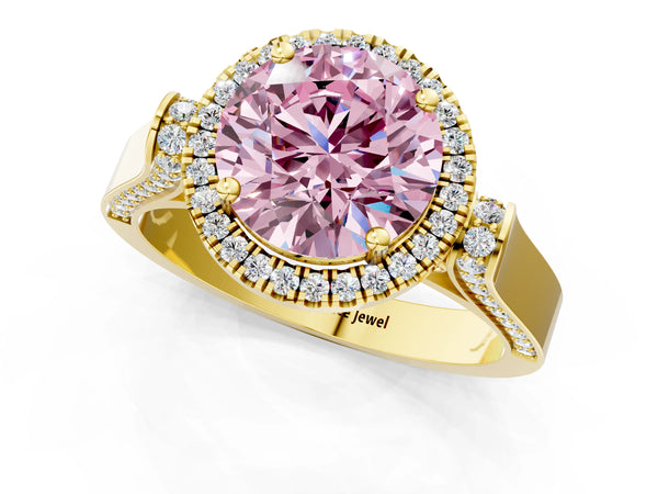 Yellow gold Fancy Pink Round Cut Halo Round Diamond Twist Band with Four-Prong Setting