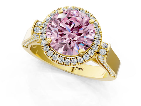 Yellow gold Fancy Pink Round Cut Halo Round Diamond Twist Band with Four-Prong Setting_1