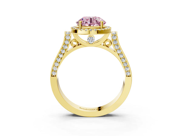 Yellow gold Fancy Pink Round Cut Halo Round Diamond Twist Band with Four-Prong Setting