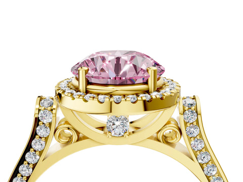 Yellow gold Fancy Pink Round Cut Halo Round Diamond Twist Band with Four-Prong Setting_4