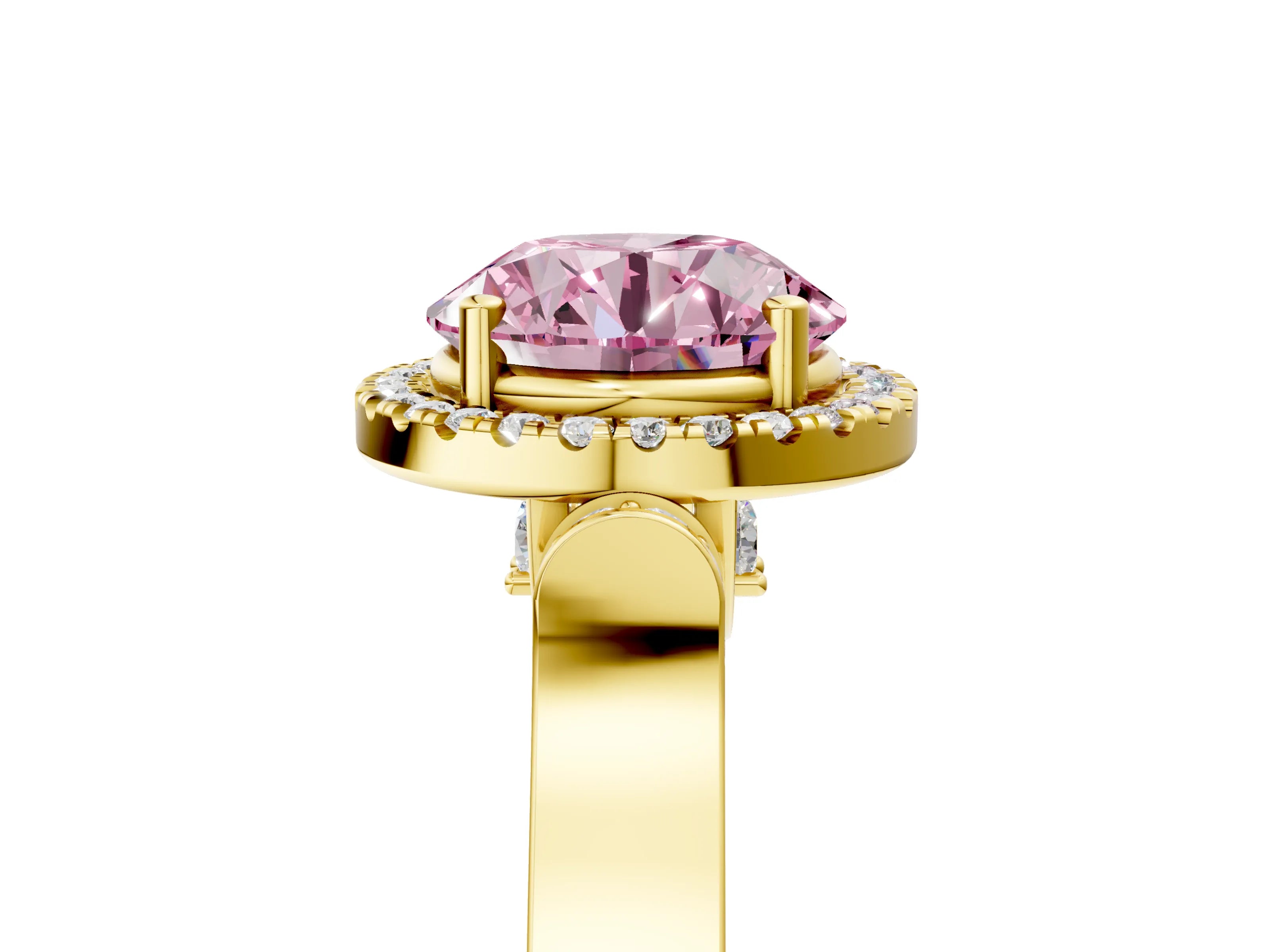 Yellow gold Fancy Pink Round Cut Halo Round Diamond Twist Band with Four-Prong Setting_5
