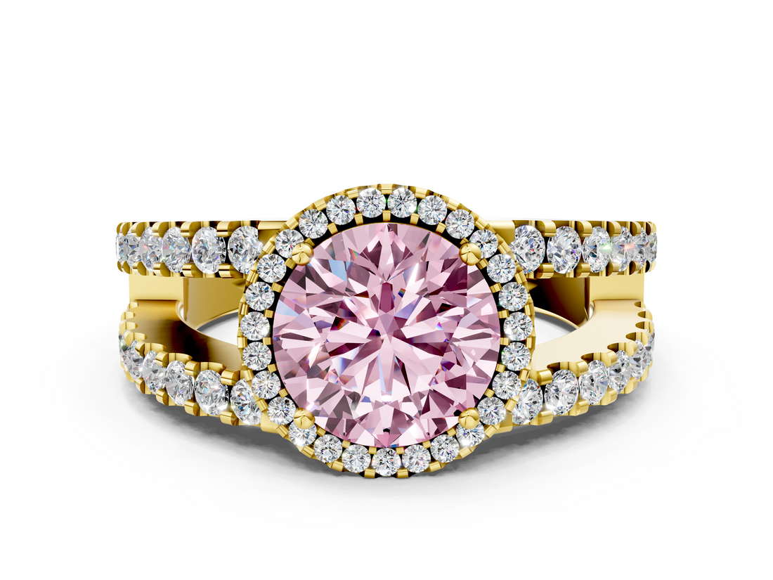 Yellow gold Fancy Pink Round  Cut Halo Split Shank Diamond Ring with Four-Prong Setting