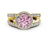 Yellow gold Fancy Pink Round  Cut Halo Split Shank Diamond Ring with Four-Prong Setting