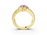 Yellow gold Fancy Pink Round  Cut Halo Split Shank Diamond Ring with Four-Prong Setting_3