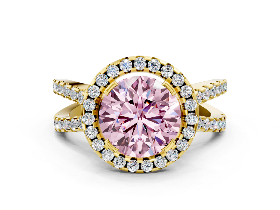 Yellow gold Fancy Pink Round  Cut Halo Split Shank Pave Set Ring