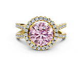Yellow gold Fancy Pink Round  Cut Halo Split Shank Pave Set Ring