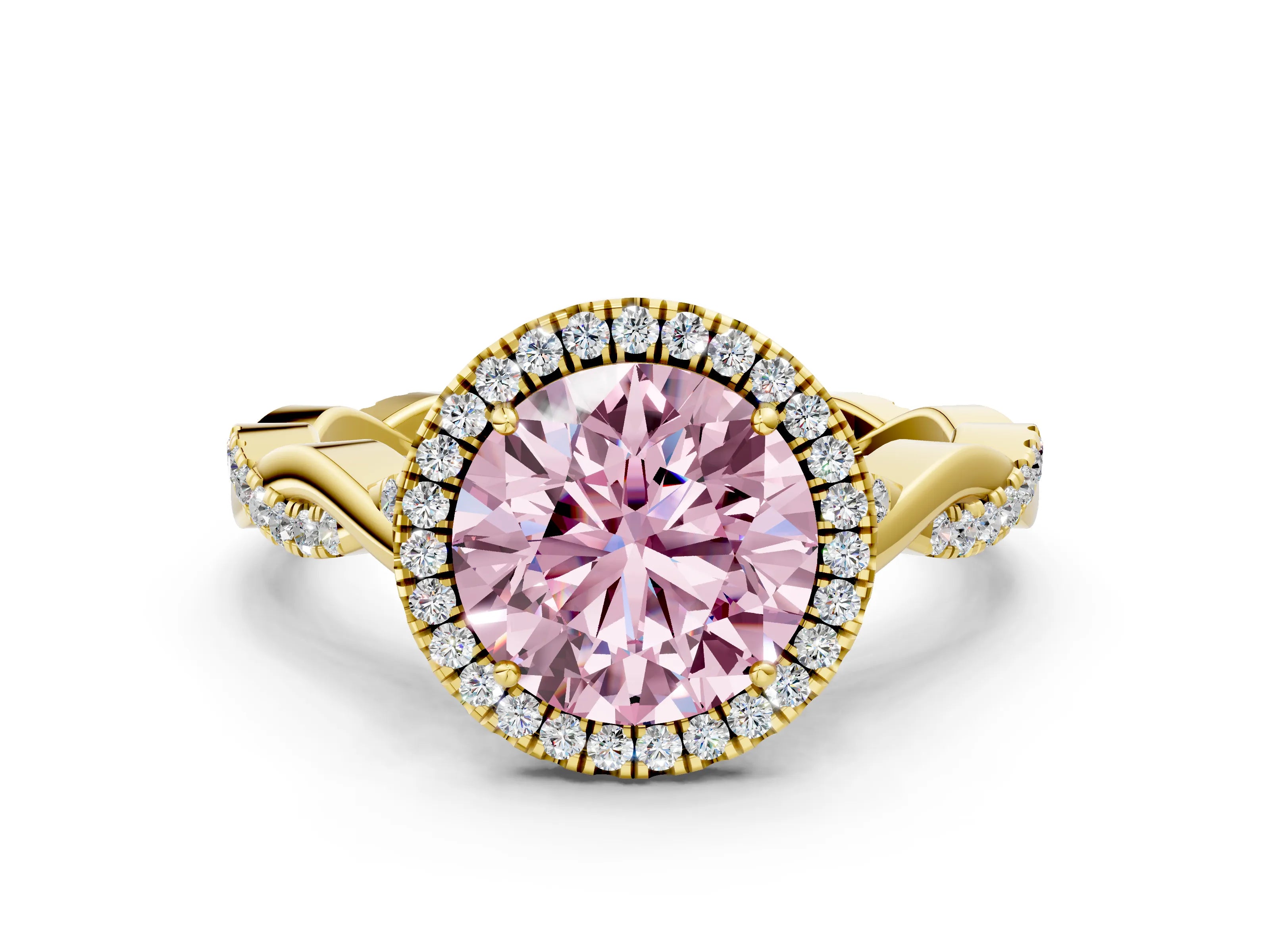 Yellow gold Fancy Pink Round Cut Halo Twist Band with Four-Prong Setting_12