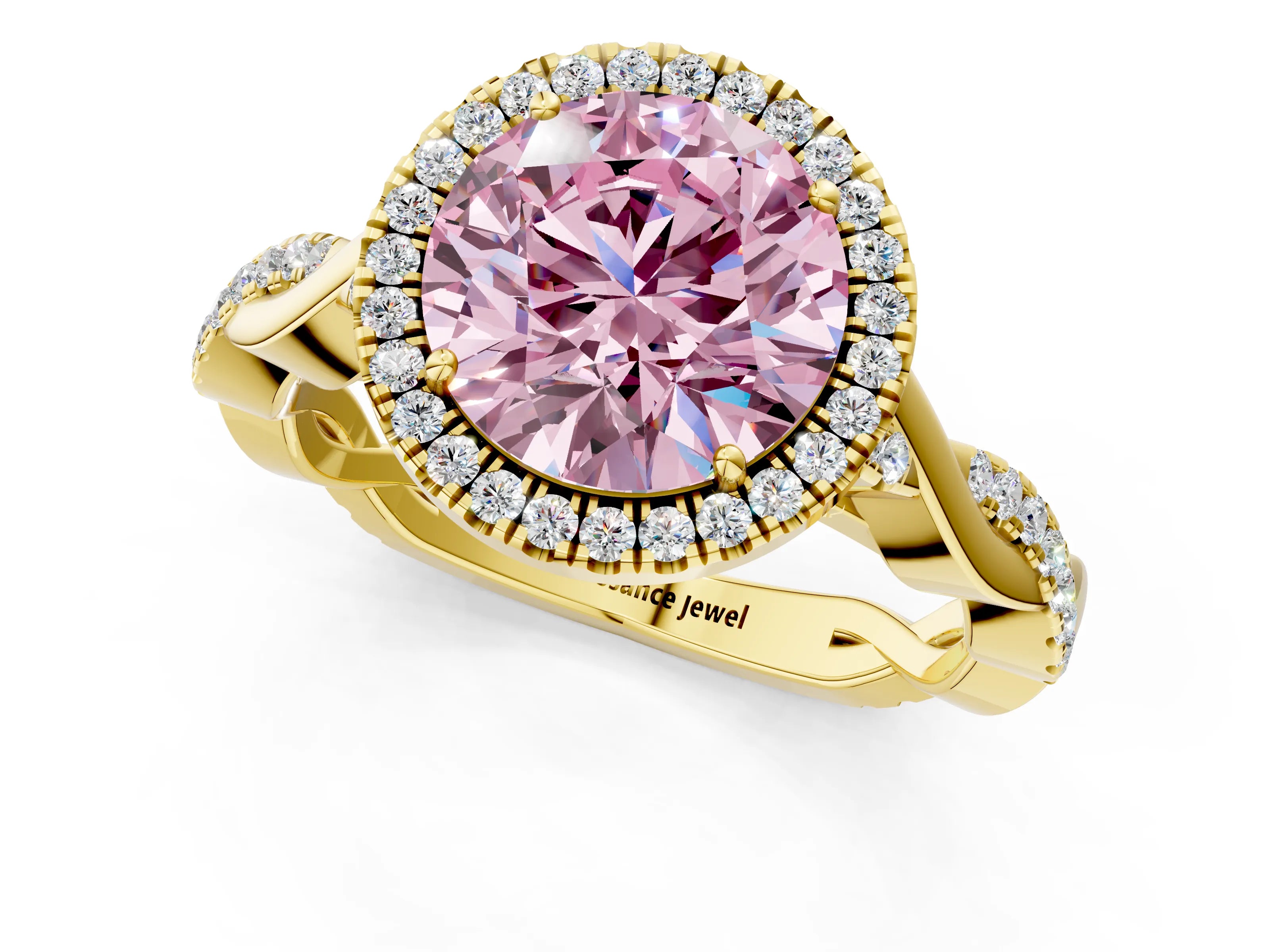Yellow gold Fancy Pink Round Cut Halo Twist Band with Four-Prong Setting_13