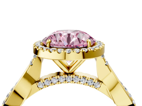 Yellow gold Fancy Pink Round Cut Halo Twist Band with Four-Prong Setting_16