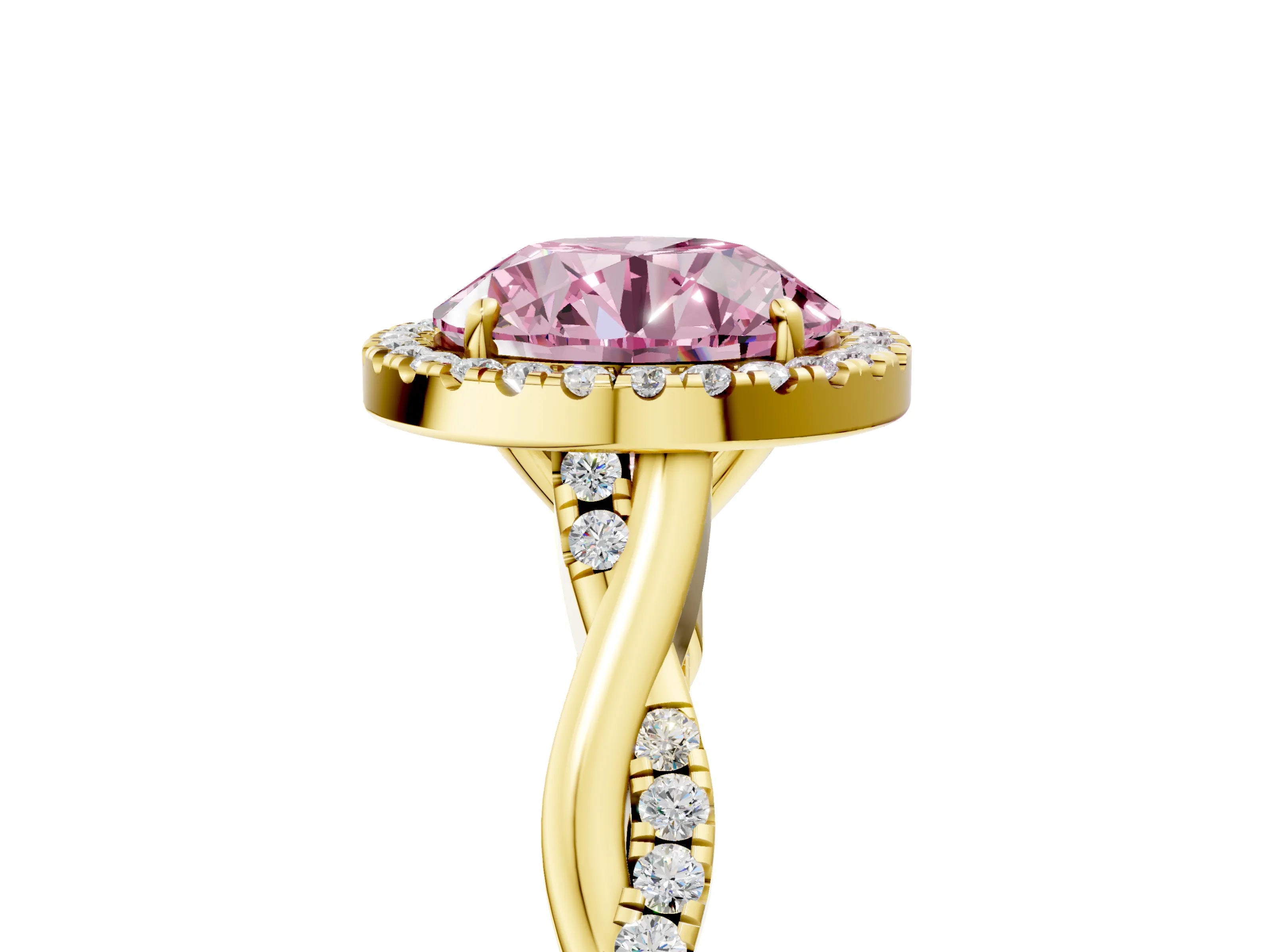 Yellow gold Fancy Pink Round Cut Halo Twist Band with Four-Prong Setting_17