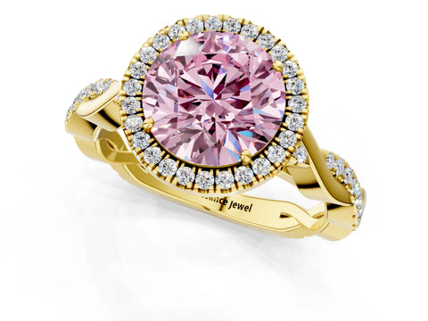 Yellow gold Fancy Pink Round Cut Halo Twist Band with Four-Prong Setting_1