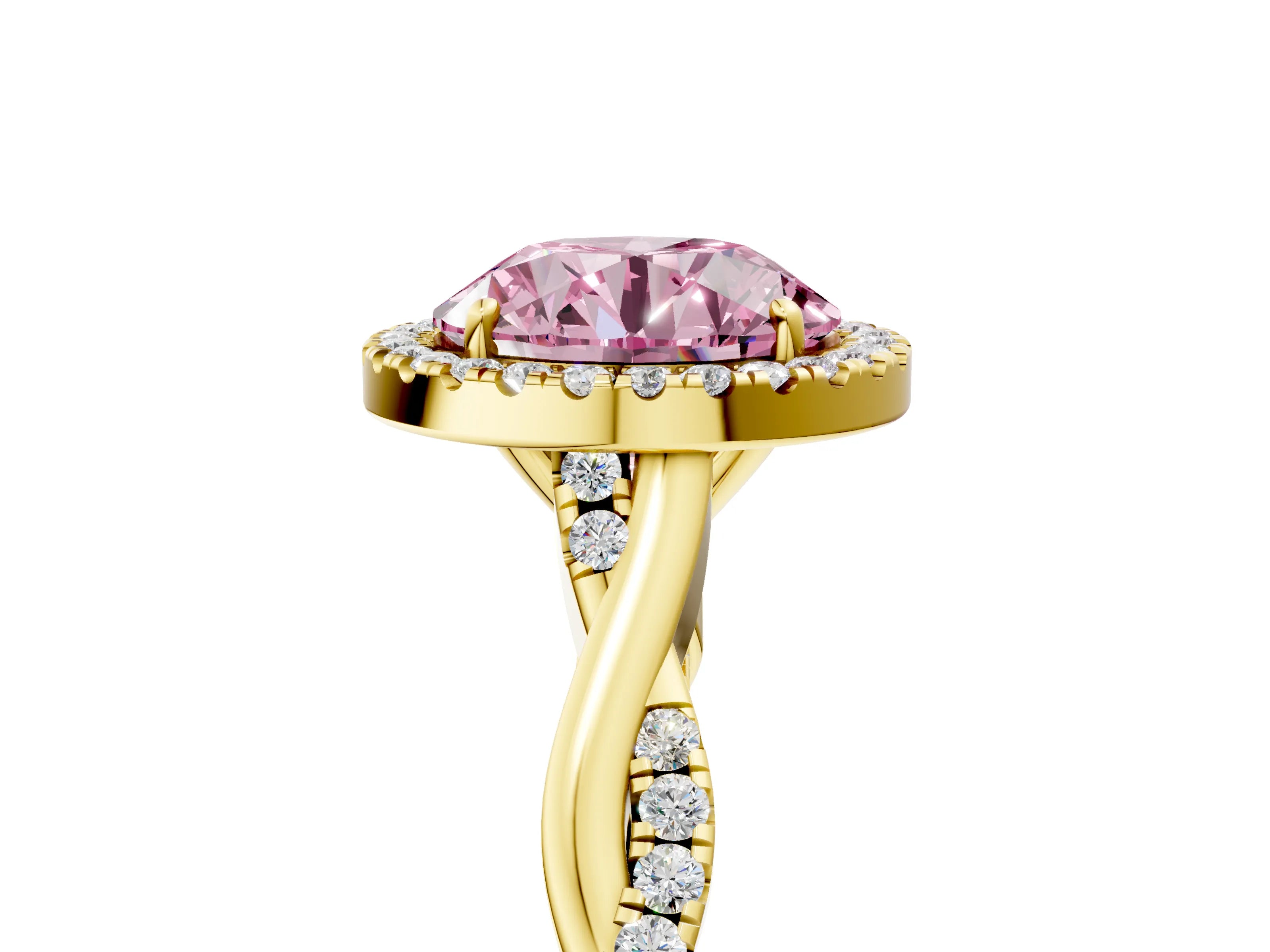 Yellow gold Fancy Pink Round Cut Halo Twist Band with Four-Prong Setting_5