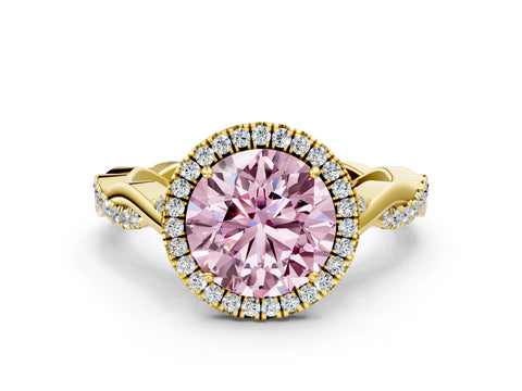 Yellow gold Fancy Pink Round Cut Halo Twist Band with Four-Prong Setting