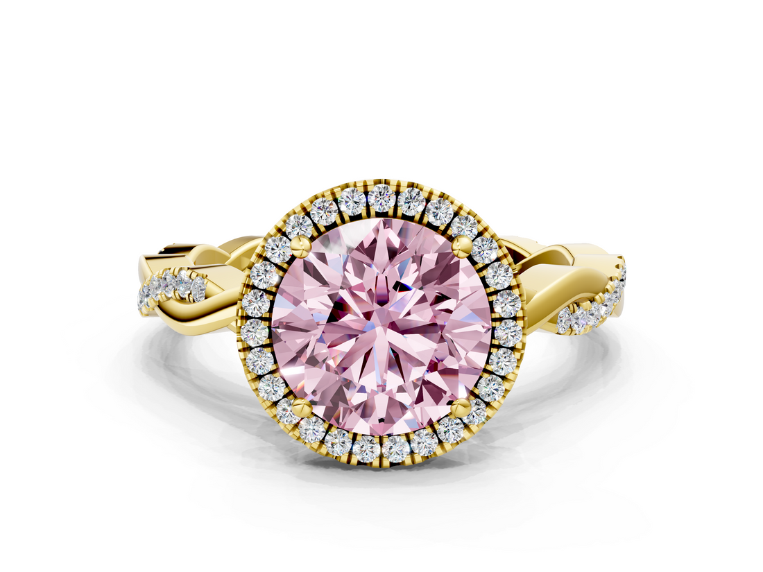 Yellow gold Fancy Pink Round  Cut Halo Twisted Band Four-Prong Ring