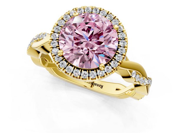 Yellow gold Fancy Pink Round  Cut Halo Twisted Band Four-Prong Ring