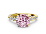 Yellow gold Fancy Pink Round  Cut Pavé Band Solitaire Ring with Four-Prong Setting