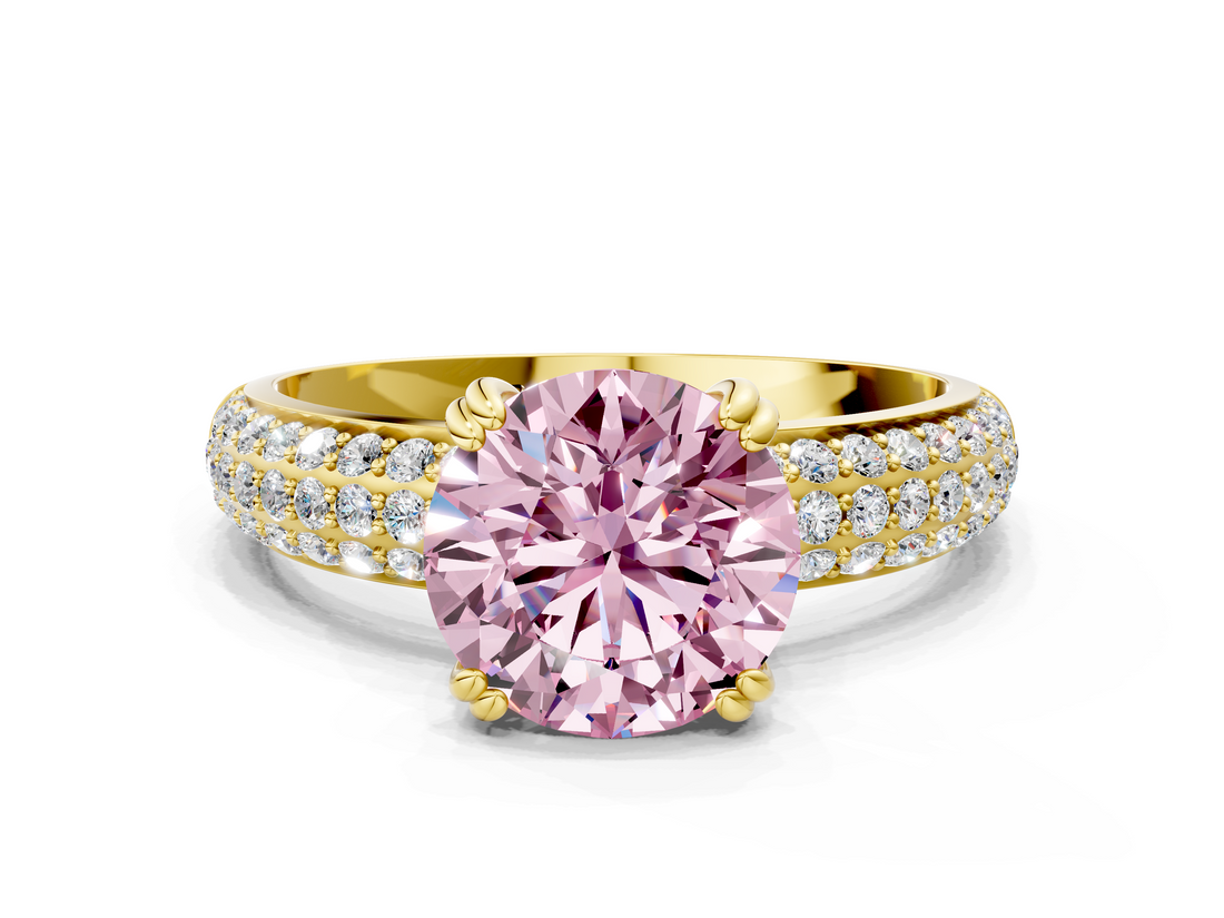 Yellow gold Fancy Pink Round  Cut Pave Diamond Engagement Ring with Channel Set Band and Four-Prong Setting