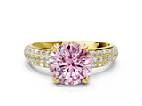 Yellow gold Fancy Pink Round  Cut Pave Diamond Engagement Ring with Channel Set Band and Four-Prong Setting