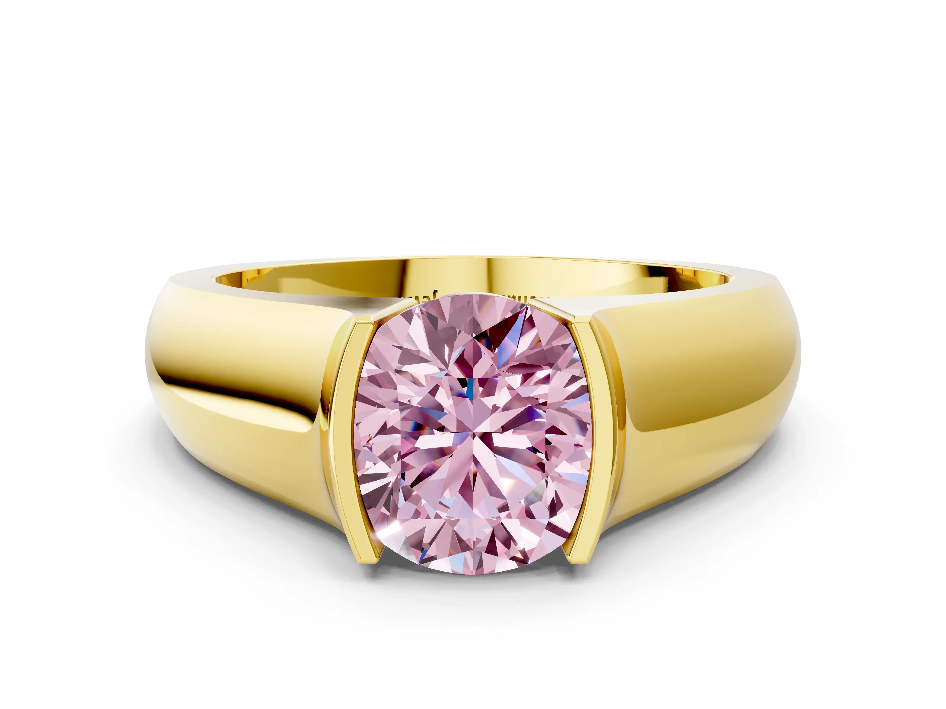 Yellow gold Fancy Pink Round Cut Solitaire Bezel Set Diamond Ring with Wide Band