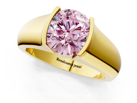 Yellow gold Fancy Pink Round Cut Solitaire Bezel Set Diamond Ring with Wide Band_1