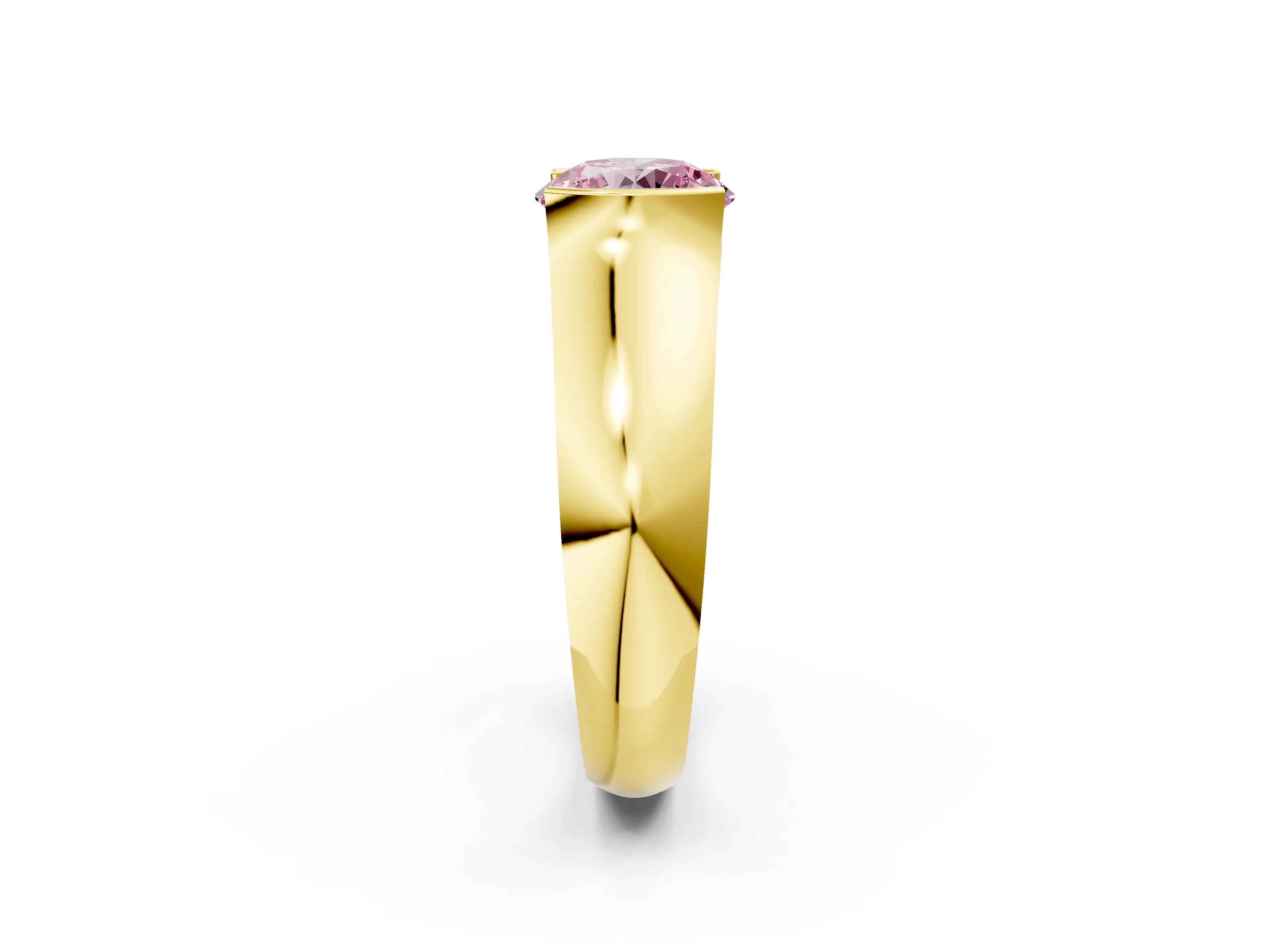 Yellow gold Fancy Pink Round Cut Solitaire Bezel Set Diamond Ring with Wide Band_2