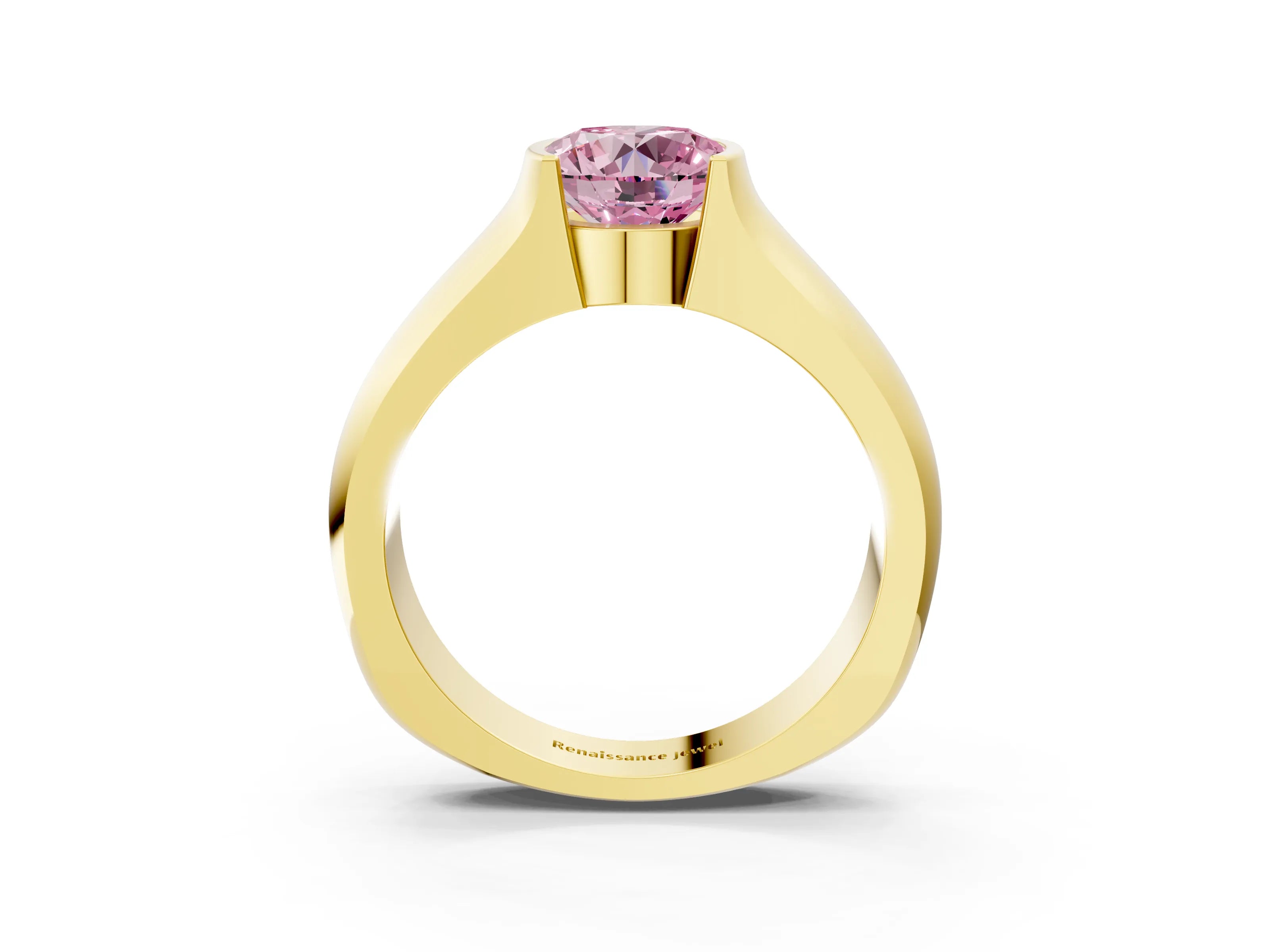 Yellow gold Fancy Pink Round Cut Solitaire Bezel Set Diamond Ring with Wide Band_3