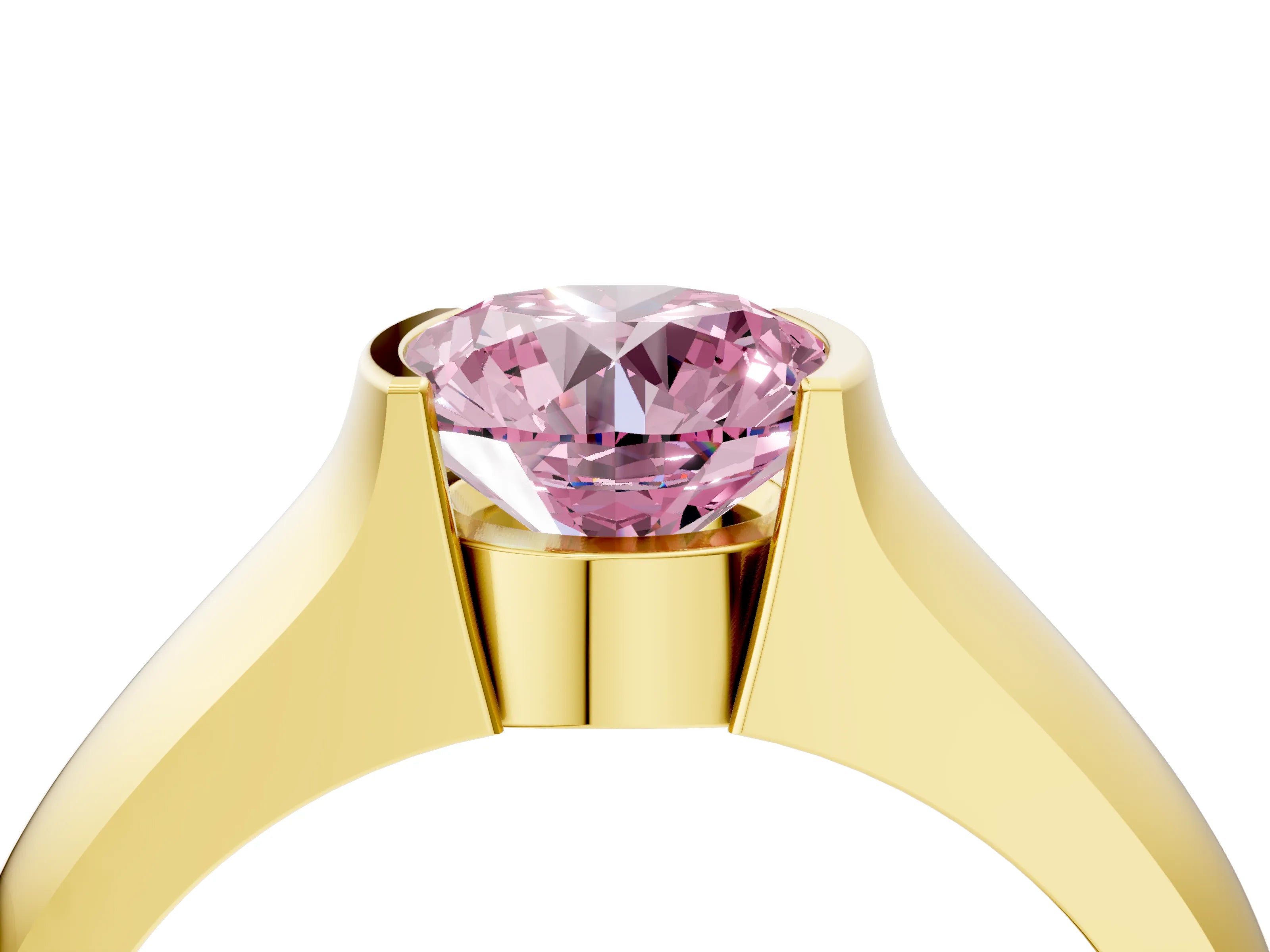 Yellow gold Fancy Pink Round Cut Solitaire Bezel Set Diamond Ring with Wide Band_4