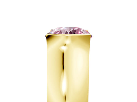 Yellow gold Fancy Pink Round Cut Solitaire Bezel Set Diamond Ring with Wide Band_5