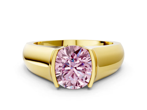 Yellow gold Fancy Pink Round Cut Solitaire Bezel Set Diamond Ring with Wide Band