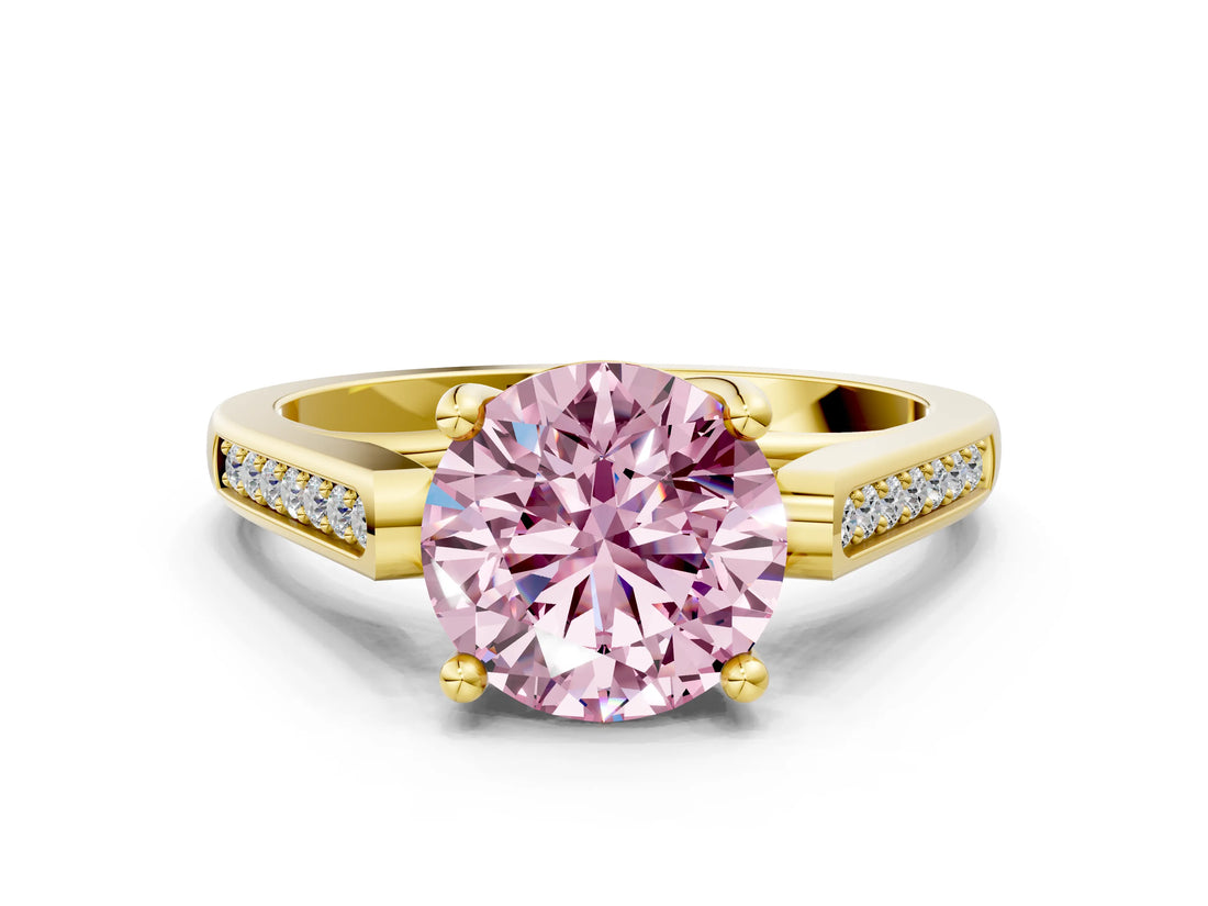 Yellow gold Fancy Pink Round Cut Solitaire Cathedral Diamond Engagement Ring with Channel-Set Band and Four-Prong Setting_3