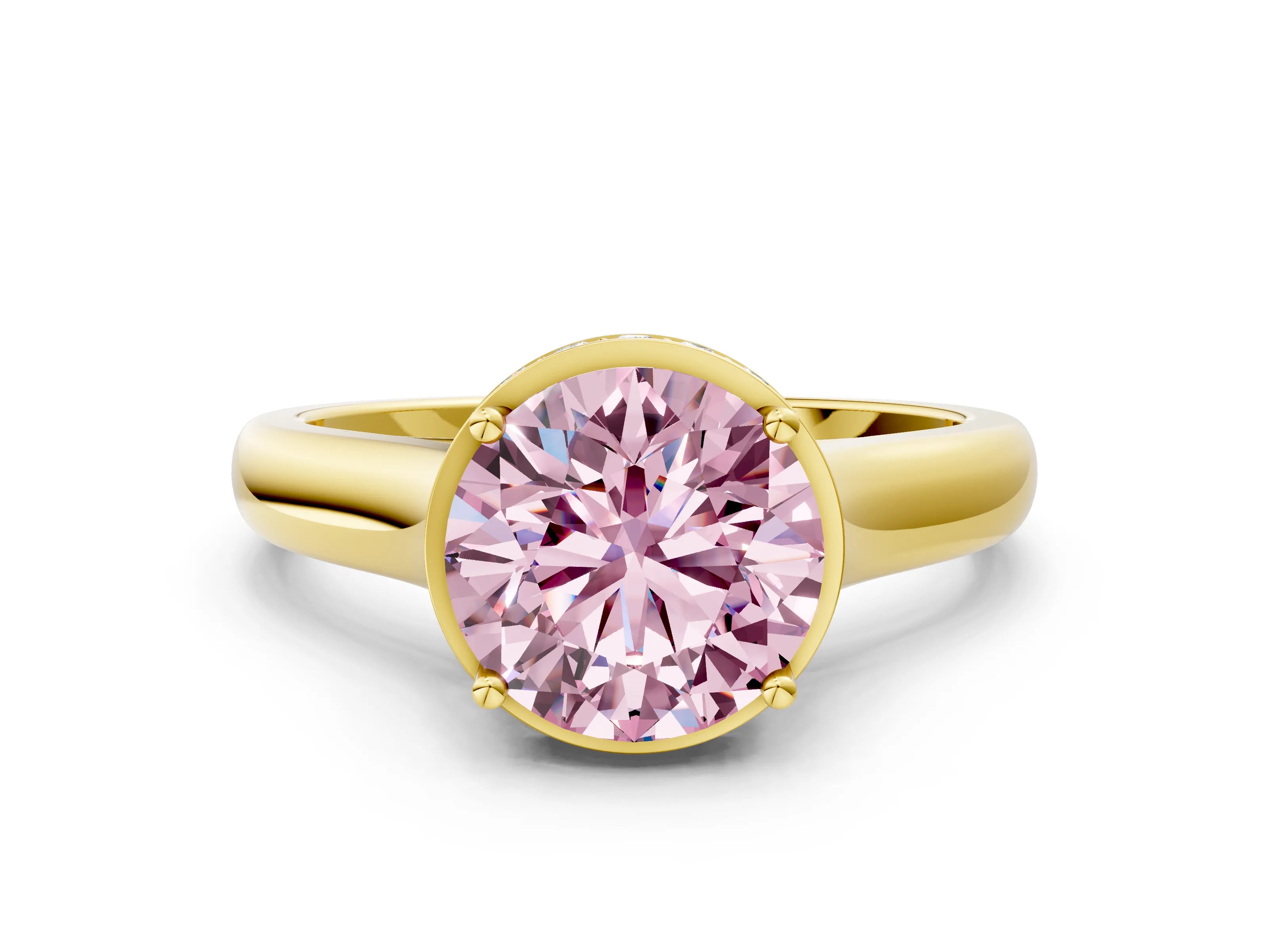 Yellow gold Fancy Pink Round Cut Solitaire Diamond Engagement Ring with Four-Prong Setting and Tapered Band