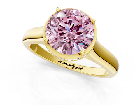 Yellow gold Fancy Pink Round Cut Solitaire Diamond Engagement Ring with Four-Prong Setting and Tapered Band_1