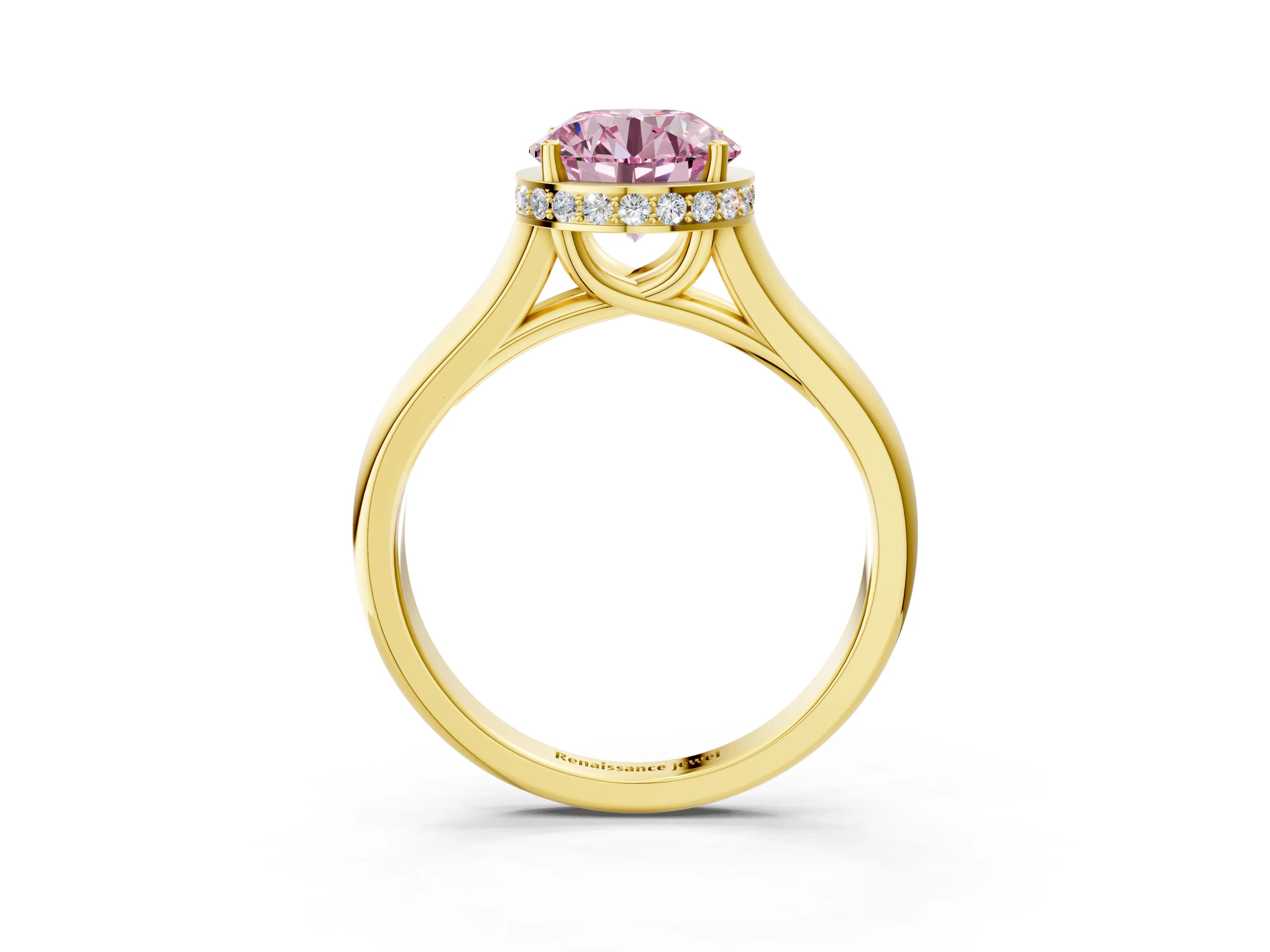 Yellow gold Fancy Pink Round Cut Solitaire Diamond Engagement Ring with Four-Prong Setting and Tapered Band_3