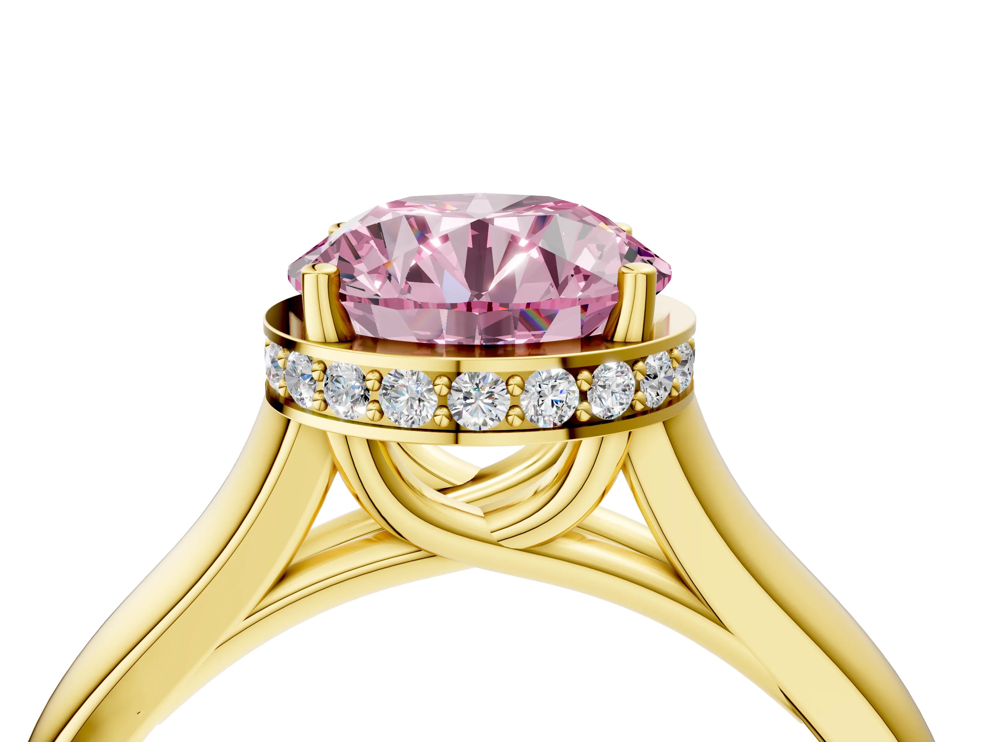 Yellow gold Fancy Pink Round Cut Solitaire Diamond Engagement Ring with Four-Prong Setting and Tapered Band_4