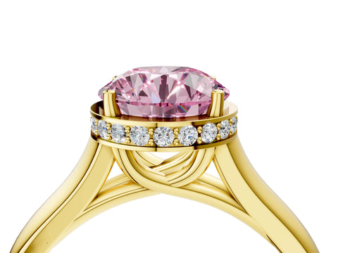 Yellow gold Fancy Pink Round Cut Solitaire Diamond Engagement Ring with Four-Prong Setting and Tapered Band_4