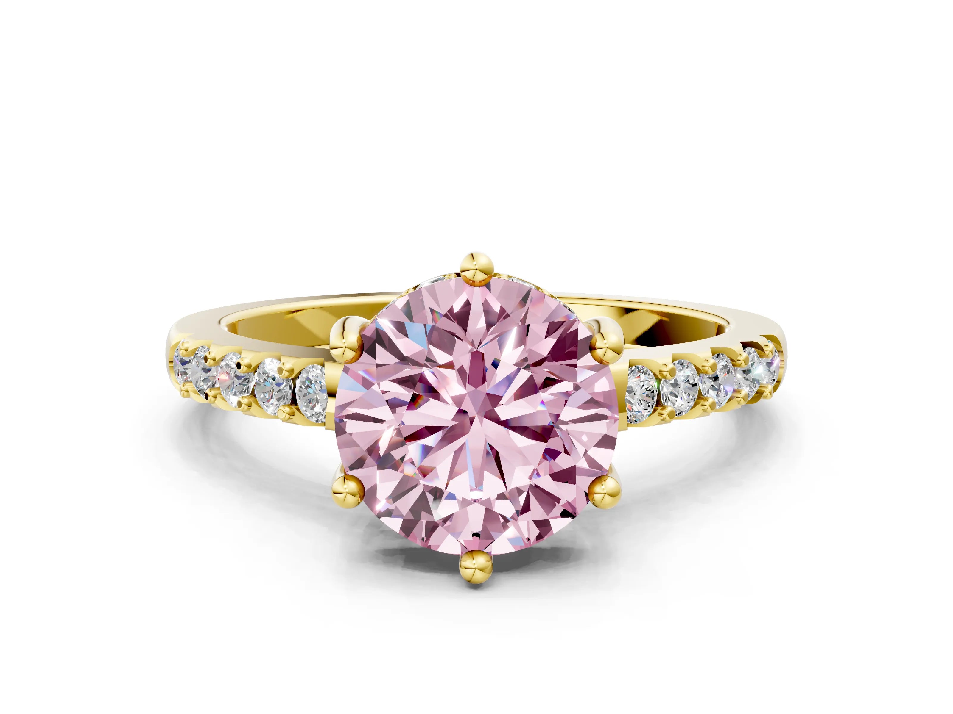 Yellow gold Fancy Pink Round Cut Solitaire Diamond Engagement Ring with Pavé Band and Six-Prong Setting