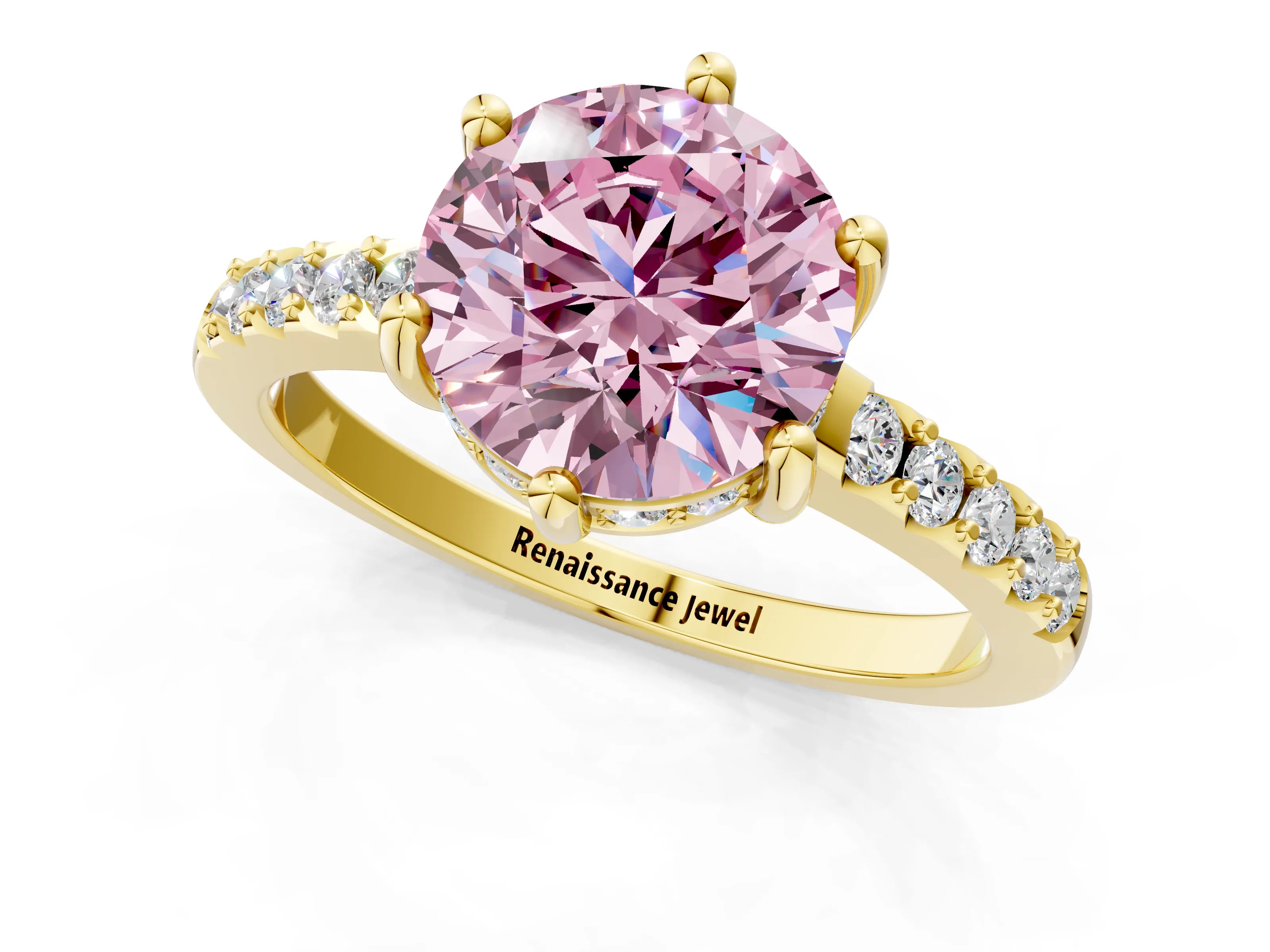 Yellow gold Fancy Pink Round Cut Solitaire Diamond Engagement Ring with Pavé Band and Six-Prong Setting_1